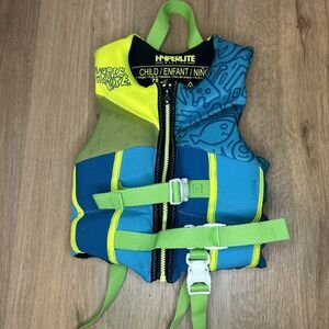 Hyperlite Wake Co Boating Life Vest Floatation Child Size 33-55 LBS Blue Green